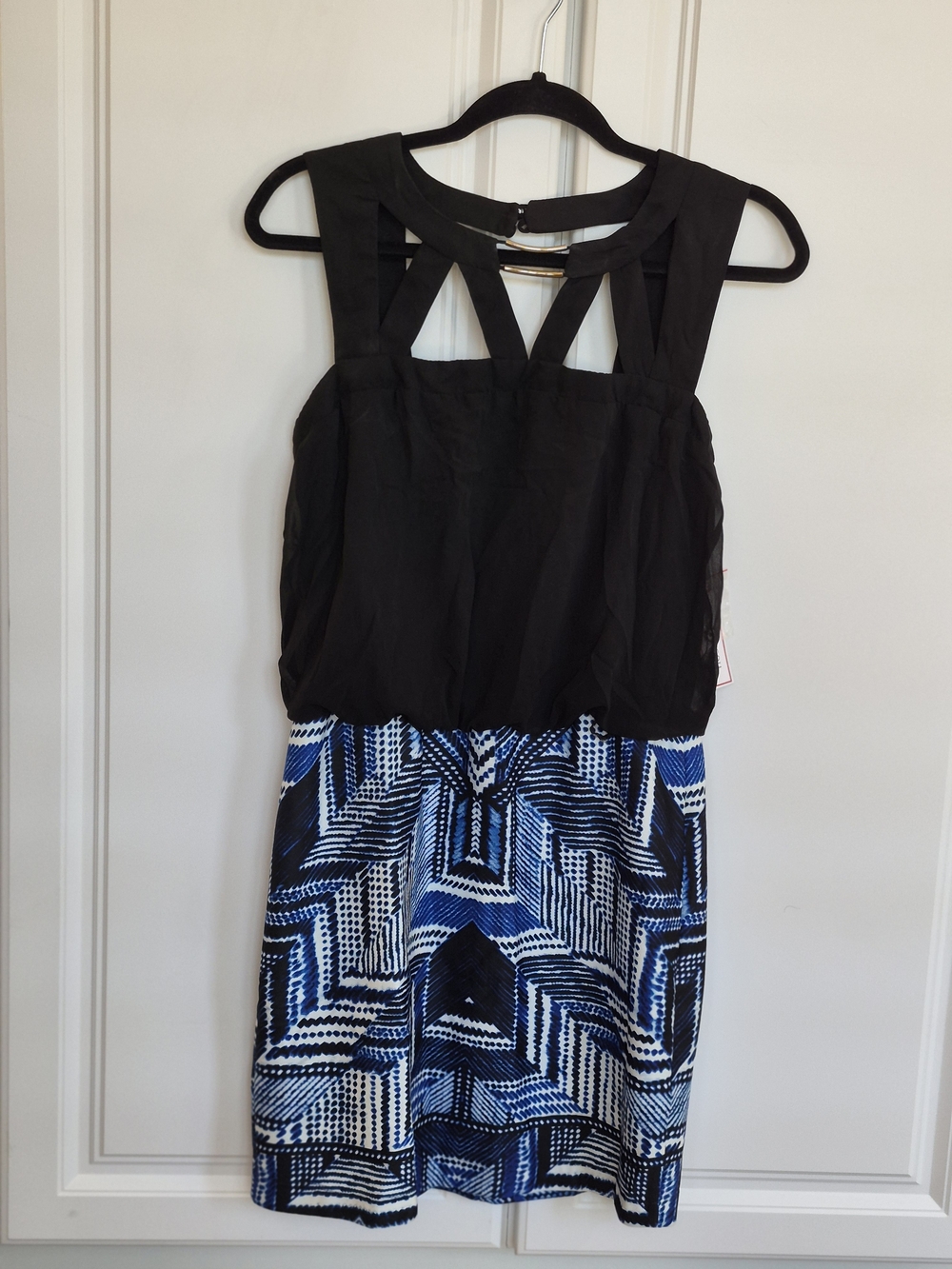 NWT Bisou Bisou Size 8 $72 Retail Black, Blue, Ivory 34" Dress, Sexy Strappy Top